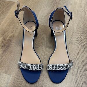 Jewel Badgley Mischka Blue Satin Heels with Rhinestone Embellishments size 10